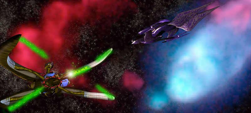 My metephorical interpretation of the Babylon 5 episode "Into the Fire". Vorlon cruiser by Fabio. Whitestar by Kier Darby I think. Modeled in 3dsMax 3.1. Composited in Photoshop 4.